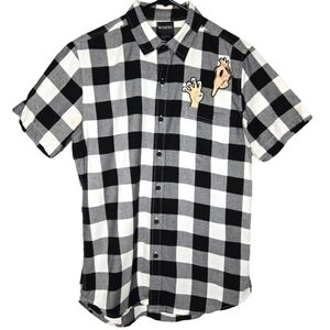 Beetlejuice Mens Halloween Buffalo Plaid Embroideref Button Shirt Costume Small